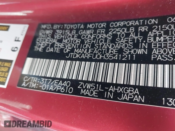2017 Toyota Prius Two with VIN JTDKARFU0H3541211, listed as a IAAI auction lot 41888946 with 2 mi miles. Bid and sale history available at carsss.com. Image 9.
