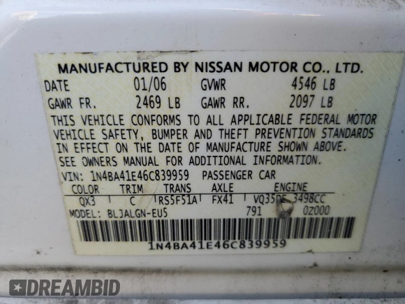 2006 Nissan Maxima 3.5 SE with VIN 1N4BA41E46C839959, listed as a Copart auction lot 75404134 with 226,375 mi miles and Salvage Title. Bid and sale history available at carsss.com. Image 12.