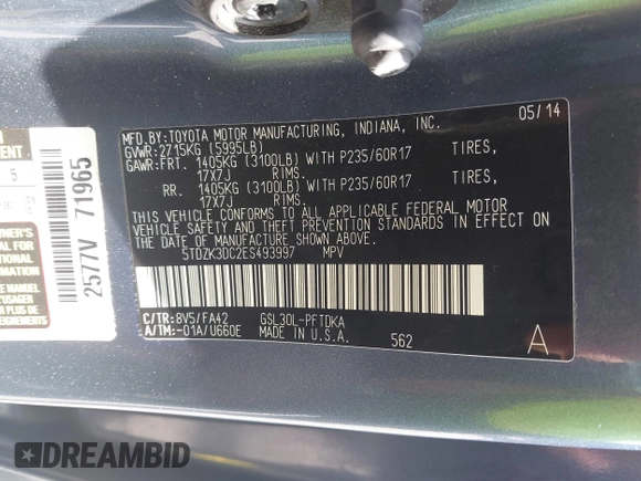 2014 Toyota Sienna L with VIN 5TDZK3DC2ES493997, listed as a IAAI auction lot 41996586 with 192,297 mi miles. Bid and sale history available at carsss.com. Image 9.