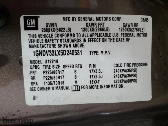 2005 Chevrolet Uplander LT with VIN 1GNDV33LX5D240531, listed as a Copart auction lot 51222535 with 96,902 mi miles and Salvage Title. Bid and sale history available at carsss.com. Image 13.