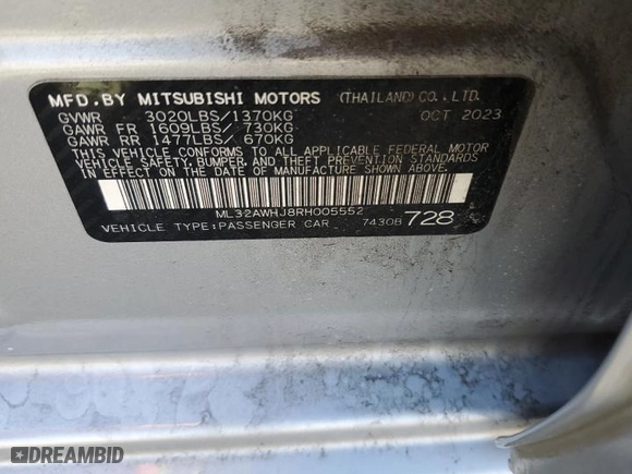 2024 Mitsubishi Mirage Black Edition with VIN ML32AWHJ8RH005552, listed as a Copart auction lot 48792135 with 10,823 mi miles and Salvage Title. Bid and sale history available at carsss.com. Image 12.