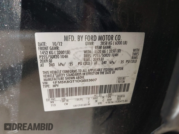 2013 Ford Explorer Sport with VIN 1FM5K8GT1DGB53607, listed as a IAAI auction lot 42082652 with 171,367 mi miles and . Bid and sale history available at carsss.com. Image 9.