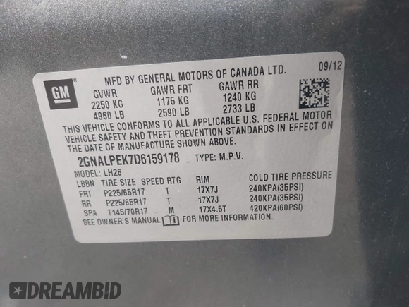 2013 Chevrolet Equinox LT with VIN 2GNALPEK7D6159178, listed as a IAAI auction lot 40575986 with 137,888 mi miles and . Bid and sale history available at DreamBid. Image 9.