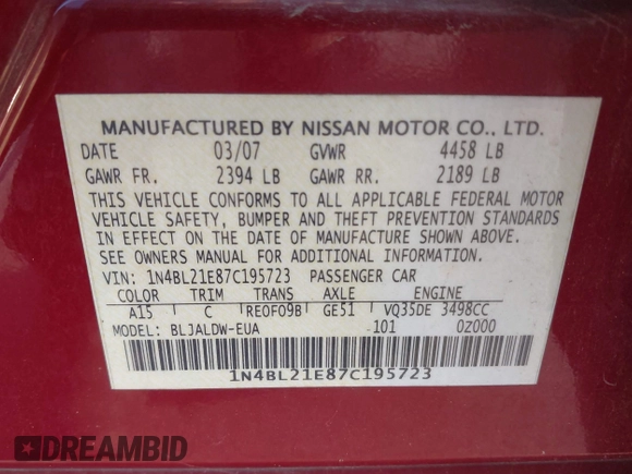 2007 Nissan Altima SL with VIN 1N4BL21E87C195723, listed as a IAAI auction lot 42019209 with 999 mi miles and . Bid and sale history available at DreamBid. Image 9.