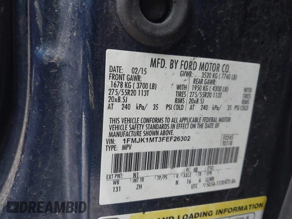 2015 Ford Expedition Max Platinum with VIN 1FMJK1MT3FEF26302, listed as a IAAI auction lot 41286061 with 147,659 mi miles and . Bid and sale history available at DreamBid. Image 9.