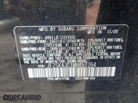 2021 Subaru Forester Premium z VIN JF2SKAJC1MH457264, wystawiony jako Copart lot #59688295 z przebiegiem 34 132 mil mil oraz Szkoda całkowita • Salvage title. Historia ofert i sprzedaży dostępna na DreamBid. Obrazek 13.