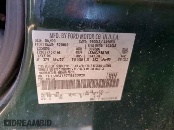 2000 Ford F-350 XL with VIN 1FTSW31F7YEE20820, listed as a Copart auction lot 77496284 with 312,193 mi miles and Salvage Title. Bid and sale history available at DreamBid. Image 12.