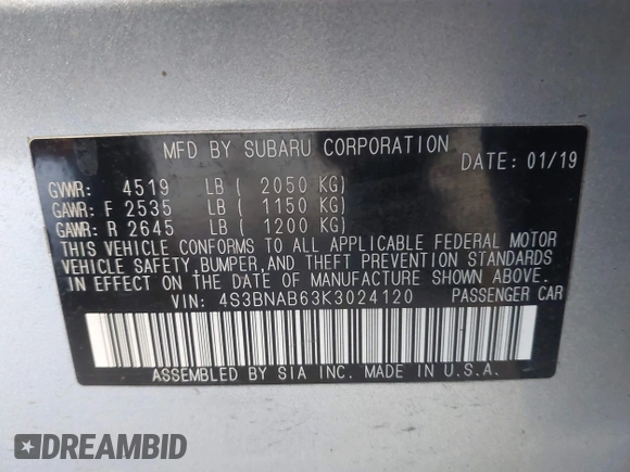 2019 Subaru Legacy with VIN 4S3BNAB63K3024120, listed as a IAAI auction lot 42068855 with 67,041 mi miles. Bid and sale history available at carsss.com. Image 9.