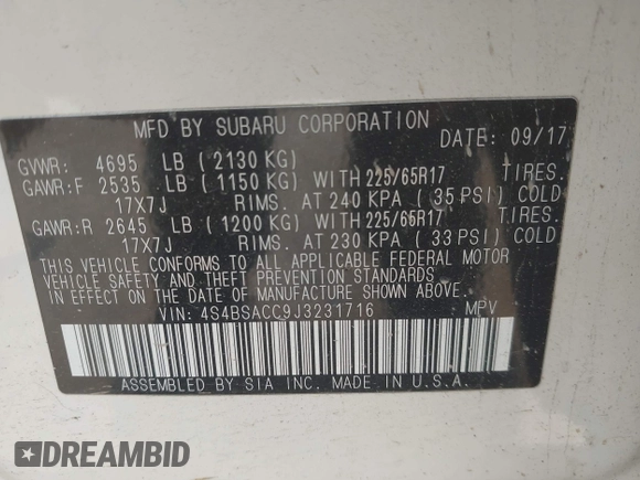 2018 Subaru Outback Premium with VIN 4S4BSACC9J3231716, listed as a IAAI auction lot 42502094 with 107,391 mi miles and . Bid and sale history available at DreamBid. Image 9.