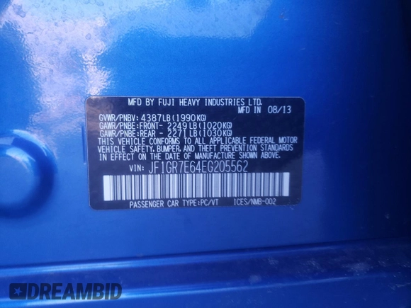 2014 Subaru WRX WRX с VIN JF1GR7E64EG205562, выставлен на аукционе Copart как лот 83375574 с пробегом 62 760 миль миль и Списание • Salvage title. История ставок и продаж доступна на DreamBid. Изображение 12.