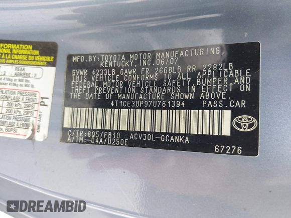 2007 Toyota Solara SE with VIN 4T1CE30P97U761394, listed as a IAAI auction lot 42503021 with 169,179 mi miles and . Bid and sale history available at DreamBid. Image 9.