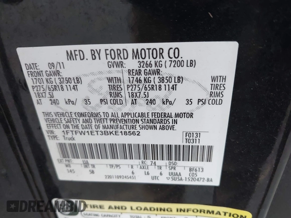 2011 Ford F-150 XLT with VIN 1FTFW1ET3BKE18562, listed as a IAAI auction lot 41165738 with 152,580 mi miles and . Bid and sale history available at DreamBid. Image 9.
