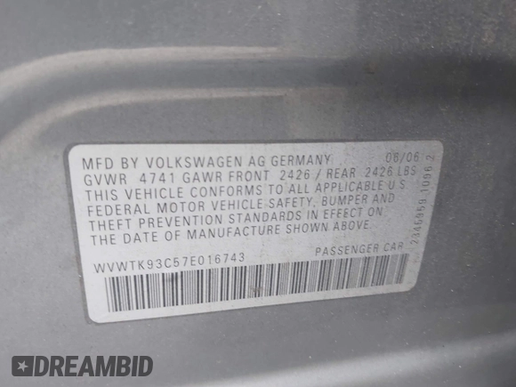 2007 Volkswagen Passat Lux with VIN WVWTK93C57E016743, listed as a IAAI auction lot 42621572 with 188,513 mi miles and . Bid and sale history available at DreamBid. Image 9.
