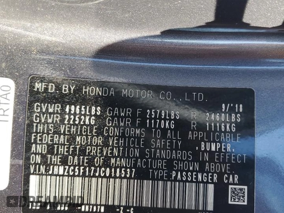 2018 Honda Clarity Plug-In Hybrid with VIN JHMZC5F17JC018537, listed as a Copart auction lot 77413144 with 74,350 mi miles and Salvage Title. Bid and sale history available at carsss.com. Image 12.