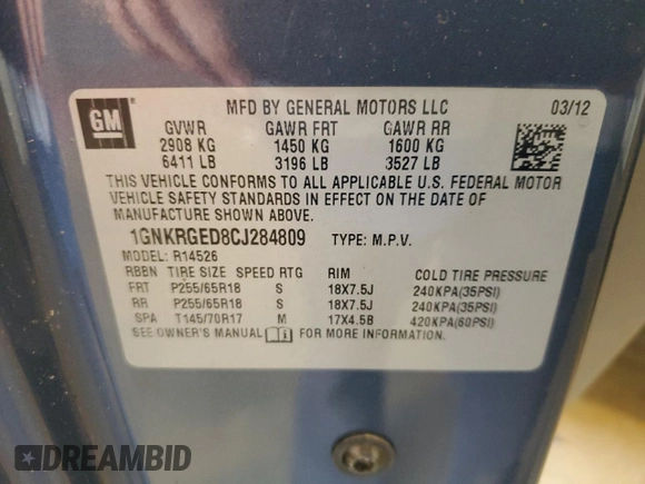 2012 Chevrolet Traverse 1LT with VIN 1GNKRGED8CJ284809, listed as a Copart auction lot 56346724 with 181,917 mi miles and Salvage Title. Bid and sale history available at DreamBid. Image 12.