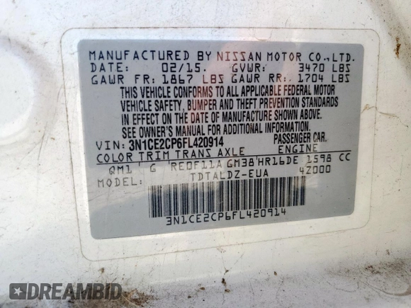 2015 Nissan Note S with VIN 3N1CE2CP6FL420914, listed as a Copart auction lot 53497155 with Not provided miles and Salvage title. Bid and sale history available at DreamBid. Image 12.