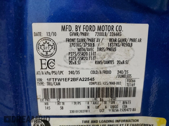 2011 Ford F-150 XL with VIN 1FTFW1EF2BFA22545, listed as a Copart auction lot 82434504 with 153,284 mi miles and Salvage title. Bid and sale history available at DreamBid. Image 14.