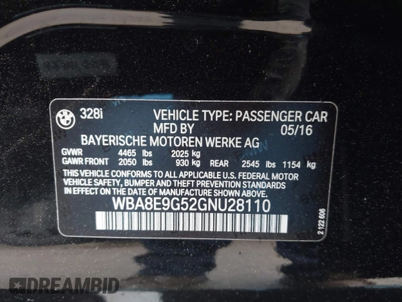 2016 BMW 3 Series 328i with VIN WBA8E9G52GNU28110, listed as a IAAI auction lot 41788797 with 96,910 mi miles. Bid and sale history available at carsss.com. Image 9.