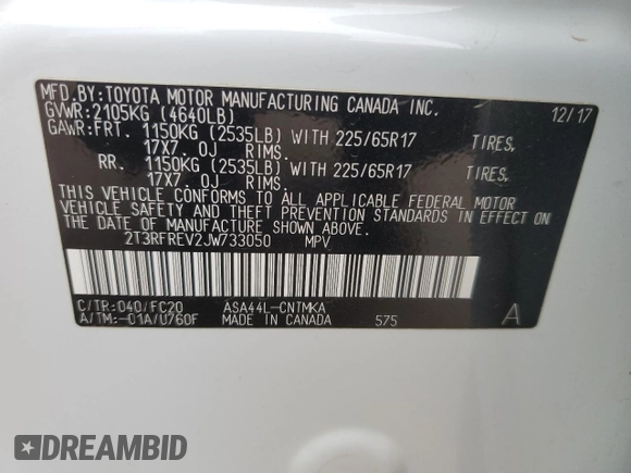 2018 Toyota RAV4 XLE with VIN 2T3RFREV2JW733050, listed as a Copart auction lot 53114585 with Not Provided miles and Salvage Title. Bid and sale history available at DreamBid. Image 14.