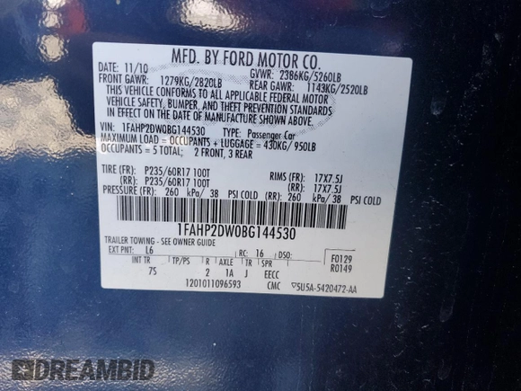 2011 Ford Taurus SE with VIN 1FAHP2DW0BG144530, listed as a Copart auction lot 49312205 with 157,881 mi miles and Salvage Title. Bid and sale history available at carsss.com. Image 12.