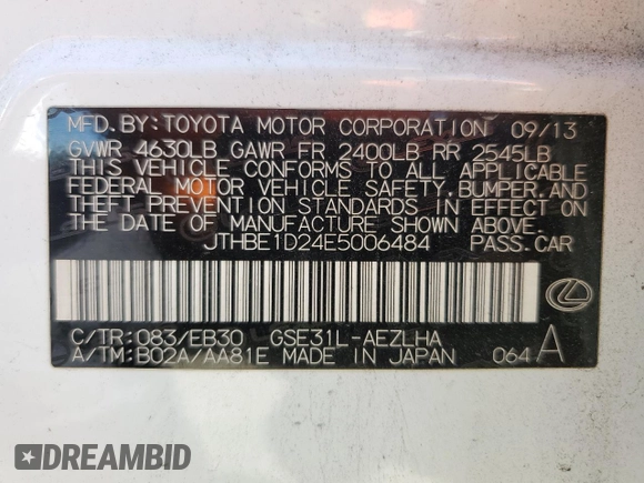 2014 Lexus IS 350 with VIN JTHBE1D24E5006484, listed as a Copart auction lot 60309865 with 160,345 mi miles and Salvage title. Bid and sale history available at DreamBid. Image 12.