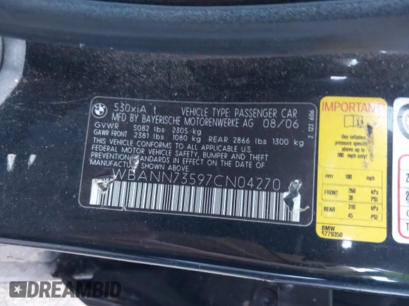 2007 BMW 5 Series 530xi with VIN WBANN73597CN04270, listed as a IAAI auction lot 42681539 with 185,507 mi miles and . Bid and sale history available at DreamBid. Image 9.