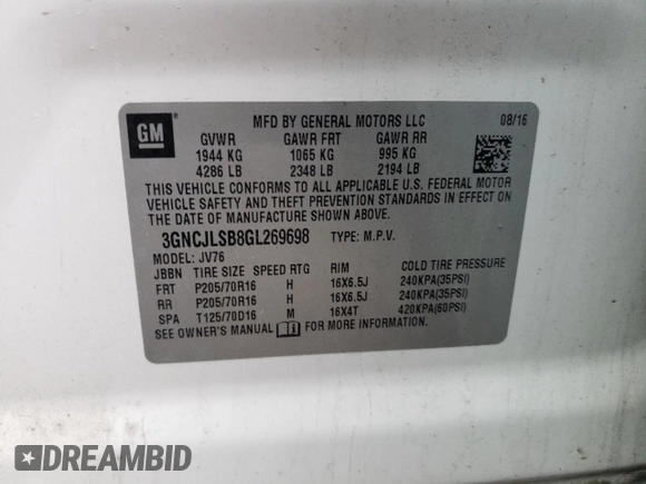 2016 Chevrolet Trax LT z VIN 3GNCJLSB8GL269698, wystawiony jako Copart lot #57852645 z przebiegiem 68 699 mil mil oraz Szkoda całkowita • Salvage title. Historia ofert i sprzedaży dostępna na DreamBid. Obrazek 12.