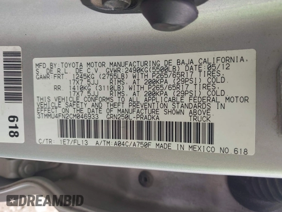 2012 Toyota Tacoma with VIN 3TMMU4FN2CM046933, listed as a IAAI auction lot 42512293 with 221,714 mi miles and . Bid and sale history available at DreamBid. Image 9.