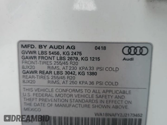 2018 Audi Q5 Premium Plus with VIN WA1BNAFY2J2173452, listed as a Copart auction lot 52898795 with 66,840 mi miles and Salvage Title. Bid and sale history available at carsss.com. Image 13.