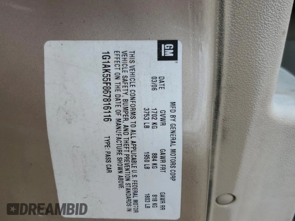 2006 Chevrolet Cobalt LS with VIN 1G1AK55F867816116, listed as a Copart auction lot 54731395 with 189,330 mi miles and Salvage Title. Bid and sale history available at DreamBid. Image 12.