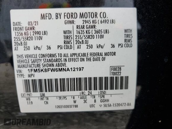 2021 Ford Explorer Limited with VIN 1FM5K8FW6MNA12197, listed as a Copart auction lot 46164015 with 0 mi miles and Salvage Title. Bid and sale history available at carsss.com. Image 15.