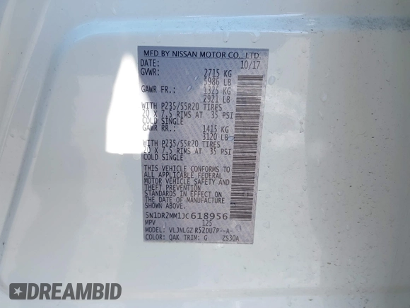 2018 Nissan Pathfinder SL with VIN 5N1DR2MM1JC618956, listed as a IAAI auction lot 41539068 with 68,493 mi miles. Bid and sale history available at carsss.com. Image 9.