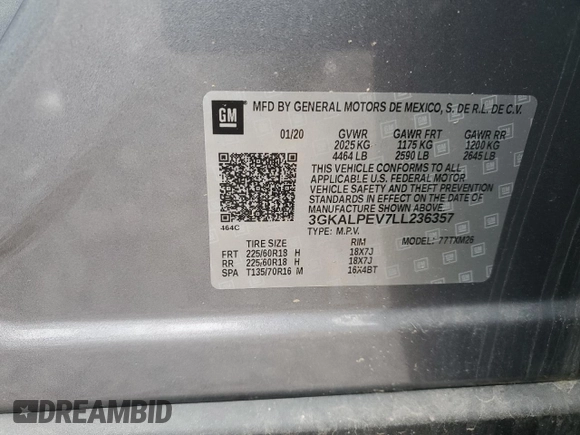 2020 GMC Terrain SLT with VIN 3GKALPEV7LL236357, listed as a Copart auction lot 59584695 with Not provided miles and Non repairable. Bid and sale history available at DreamBid. Image 14.