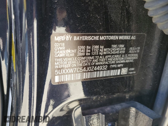 2018 BMW X4 M40i with VIN 5UXXW7C54J0Z44932, listed as a Copart auction lot 55973605 with 101,479 mi miles and Salvage title. Bid and sale history available at DreamBid. Image 13.