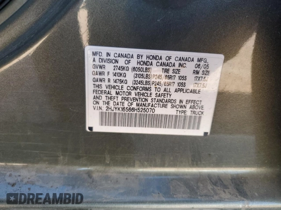 2006 Honda Ridgeline RTL with VIN 2HJYK16566H525070, listed as a Copart auction lot 49358735 with 356,364 mi miles and Salvage Title. Bid and sale history available at DreamBid. Image 12.