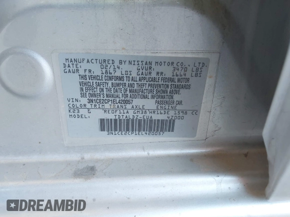 2014 Nissan Note S Plus with VIN 3N1CE2CP1EL420057, listed as a IAAI auction lot 41657471 with 124,779 mi miles and . Bid and sale history available at DreamBid. Image 9.