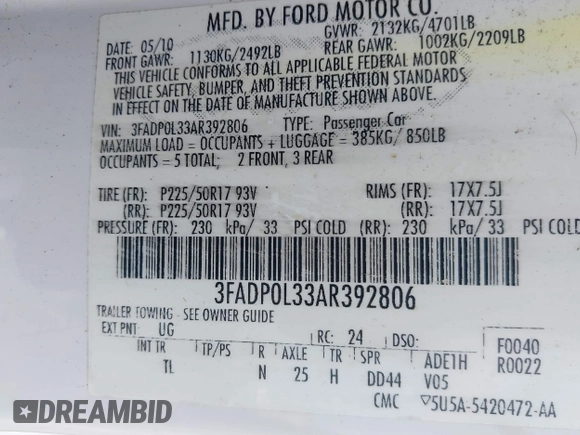 2010 Ford Fusion Hybrid with VIN 3FADP0L33AR392806, listed as a IAAI auction lot 41811194 with 131,627 mi miles. Bid and sale history available at carsss.com. Image 9.