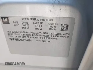 2012 Chevrolet Cruze 1LT with VIN 1G1PF5SC1C7354194, listed as a IAAI auction lot 41778721 with 215,865 mi miles and . Bid and sale history available at DreamBid. Image 9.