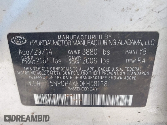 2015 Hyundai Elantra SE with VIN 5NPDH4AE0FH581281, listed as a IAAI auction lot 42762916 with 131,187 mi miles and . Bid and sale history available at DreamBid. Image 9.