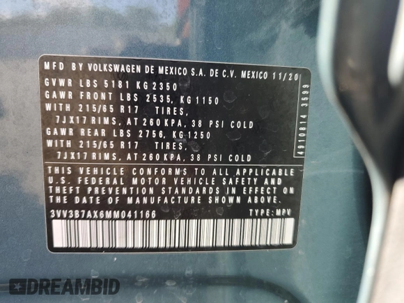 2021 Volkswagen Tiguan SE z VIN 3VV3B7AX6MM041166, wystawiony jako Copart lot #57769445 z przebiegiem 51 030 mil mil oraz Nie do naprawy • Non repairable. Historia ofert i sprzedaży dostępna na DreamBid. Obrazek 13.