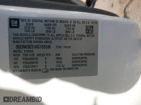 2010 Chevrolet Silverado 1500 LT with VIN 3GCRKSE31AG163396, listed as a IAAI auction lot 41022815 with Not Provided miles and . Bid and sale history available at DreamBid. Image 9.