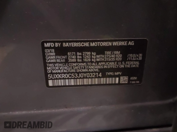 2018 BMW X5 xDrive35i with VIN 5UXKR0C53J0Y03214, listed as a IAAI auction lot 41509082 with 92,552 mi miles. Bid and sale history available at carsss.com. Image 9.