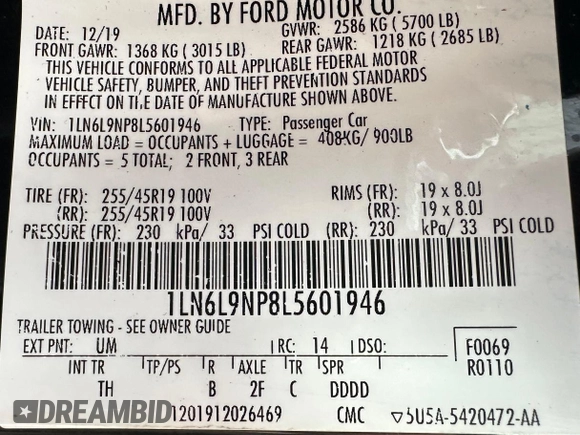 2020 Lincoln Continental Reserve z VIN 1LN6L9NP8L5601946, wystawiony jako Copart lot #59259205 z przebiegiem 359 593 mil mil oraz Tytuł czysty. Historia ofert i sprzedaży dostępna na DreamBid. Obrazek 10.