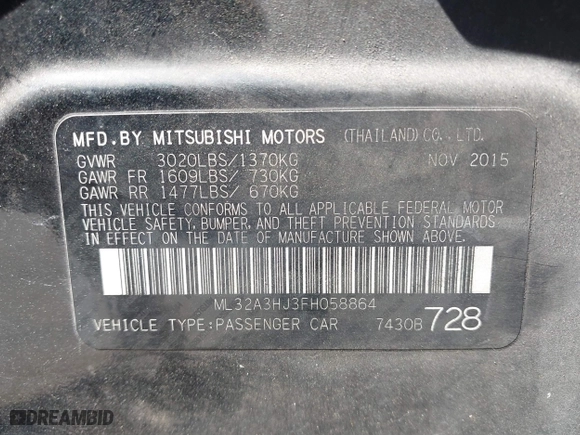 2015 Mitsubishi Mirage DE with VIN ML32A3HJ3FH058864, listed as a IAAI auction lot 41808337 with 160,185 mi miles. Bid and sale history available at carsss.com. Image 9.