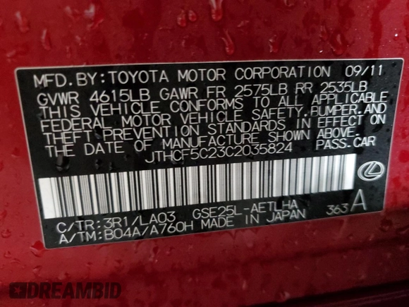 2012 Lexus IS 250 z VIN JTHCF5C23C2035824, wystawiony jako Copart lot #51487215 z przebiegiem 98 984 mil mil oraz Szkoda całkowita • Salvage title. Historia ofert i sprzedaży dostępna na DreamBid. Obrazek 13.