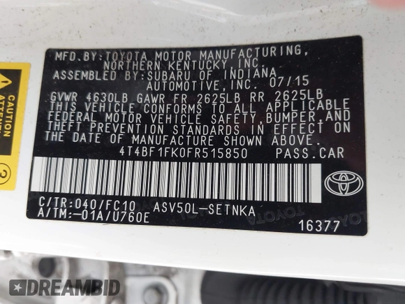 2015 Toyota Camry XLE with VIN 4T4BF1FK0FR515850, listed as a IAAI auction lot 41528908 with 93,091 mi miles. Bid and sale history available at carsss.com. Image 9.