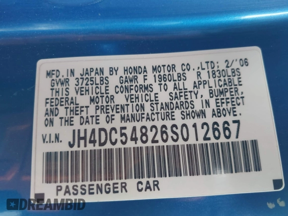 2006 Acura RSX with VIN JH4DC54826S012667, listed as a IAAI auction lot 42419485 with 259,141 mi miles and . Bid and sale history available at DreamBid. Image 9.