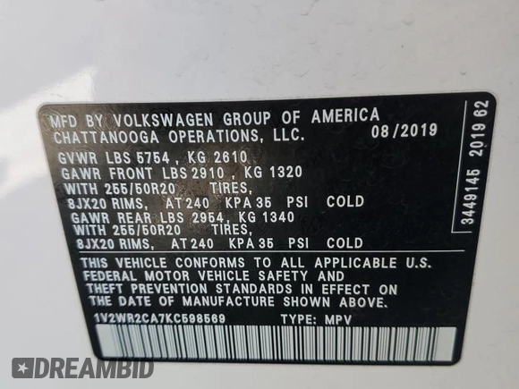 2019 Volkswagen Atlas SE with VIN 1V2WR2CA7KC598569, listed as a Copart auction lot 52291815 with 92,778 mi miles and Salvage title. Bid and sale history available at DreamBid. Image 15.
