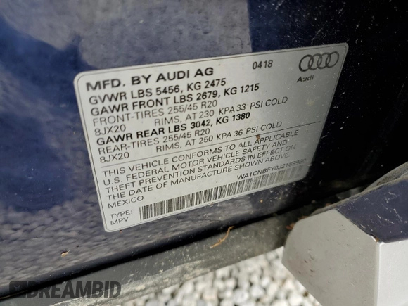 2018 Audi Q5 Prestige with VIN WA1CNBFY0J2169930, listed as a Copart auction lot 64347972 with 0 mi miles. Bid and sale history available at carsss.com. Image 10.