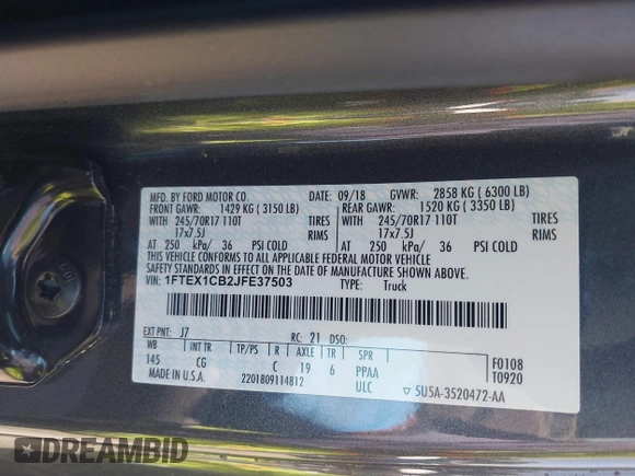2018 Ford F-150 XL с VIN 1FTEX1CB2JFE37503, выставлен на аукционе IAAI как лот 42031358 с пробегом 43 878 миль миль и . История ставок и продаж доступна на DreamBid. Изображение 9.